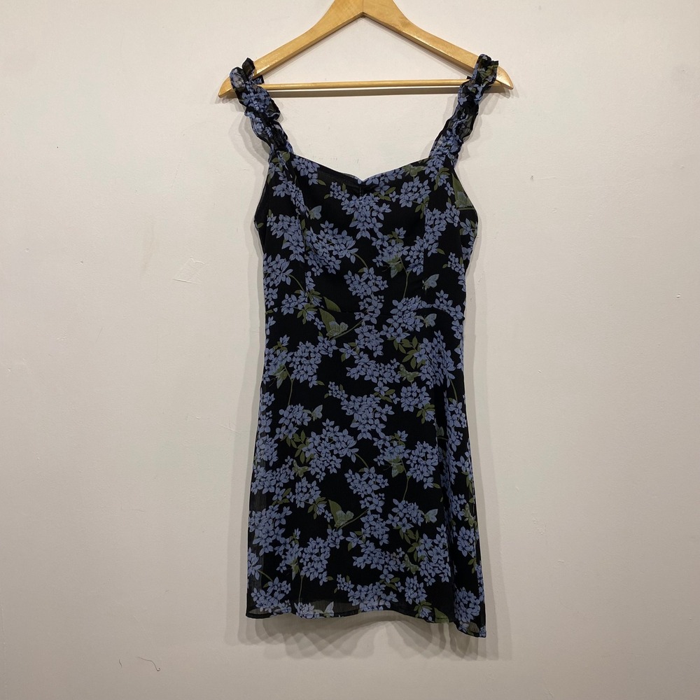 All In Favor Blue Floral Chiffon Mini Dress Ruffle Strap Sweetheart Neck Small